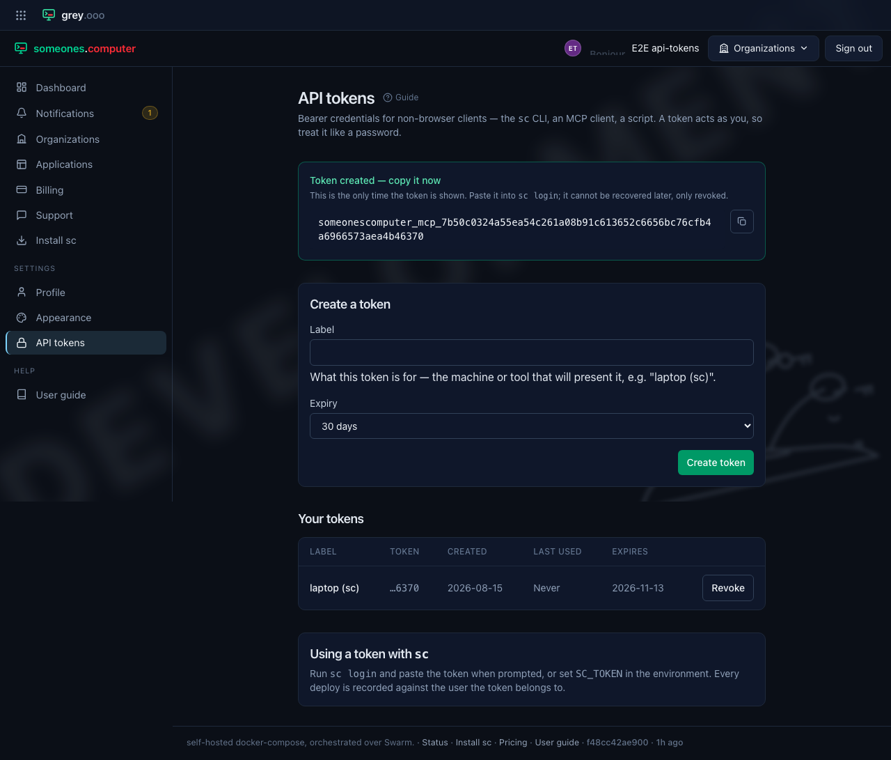 Token created — the plaintext is shown once