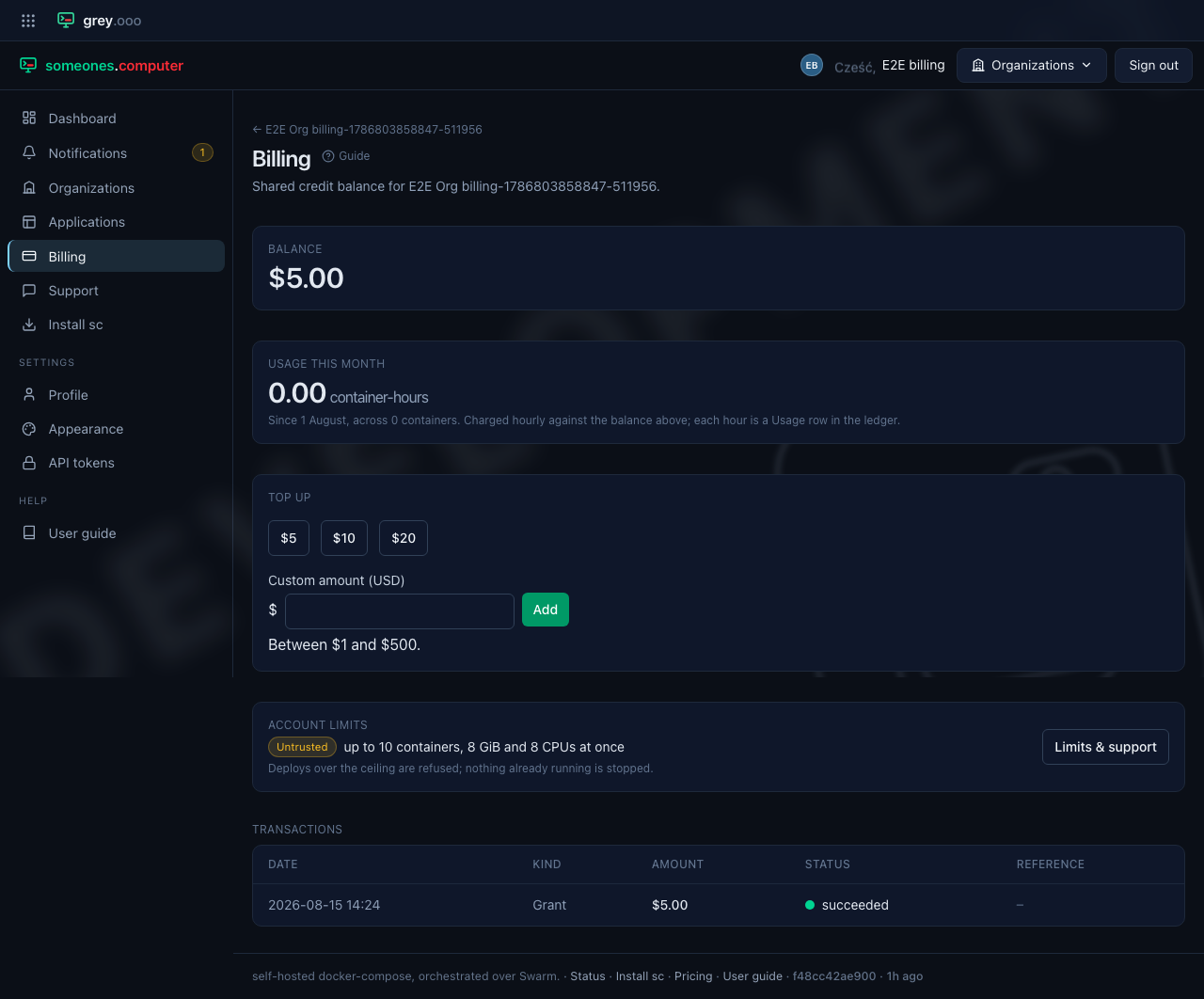 Billing — empty state, no transactions yet
